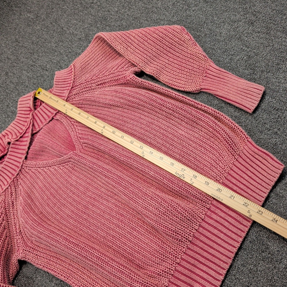 Free‎ People Boho Cold Shoulder V-Neck Sweater XS Pink Cotton Ribbed Chunky Knit - Picture 8 of 10